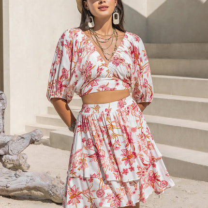 Printed Half Sleeve Top and Layered Skirt Set