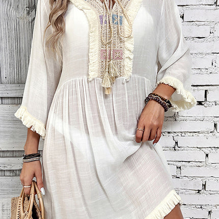 Fringe Tie Neck Three-Quarter Sleeve Cover Up