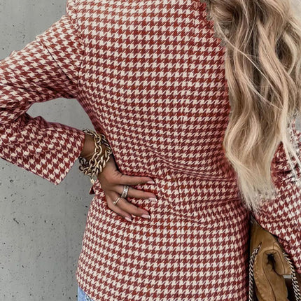 Houndstooth Collared Neck Double-Breasted Blazer