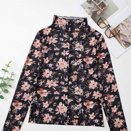 Floral Mock Neck Long Sleeve Blouse