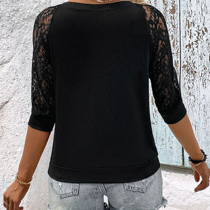 Double Take V-Neck Spliced Lace Raglan Sleeve Top