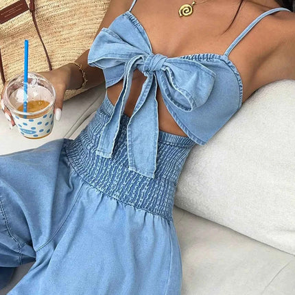 Tie-Front Cutout Smocked Wide Leg Denim Jumpsuit