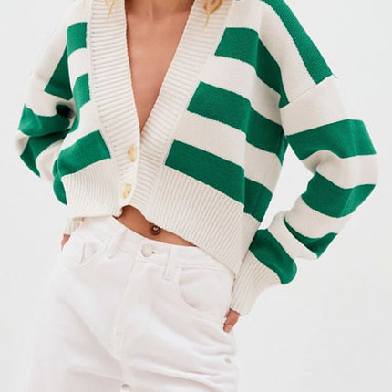 Striped Button Down Drop Shoulder Cardigan