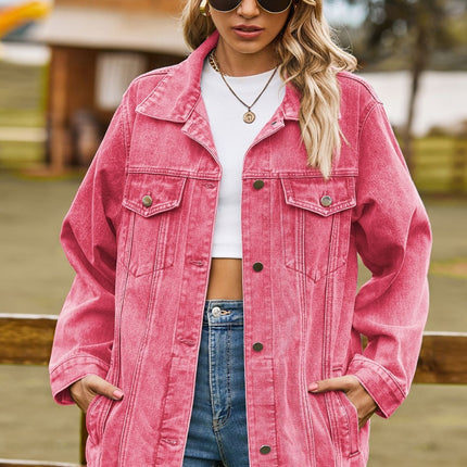 Buttoned Collared Neck Denim Jacket with Pockets