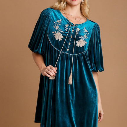 Umgee Embroidered Half Sleeve Velvet Mini Dress with Tassel