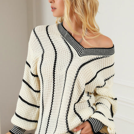 Striped V-Neck Dropped Shoulder Sweater