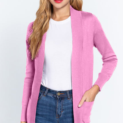 ACTIVE BASIC Ribbed Trim Open Front Cardigan