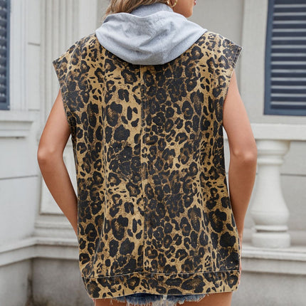 Leopard Buttton Up Denim Vest