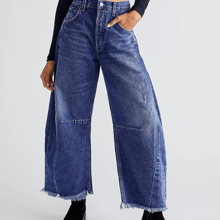 Raw Hem Wide Leg Jeans with Pockets