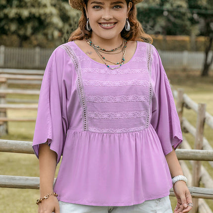 Plus Size Lace Detail Round Neck Three-Quarter Sleeve Blouse