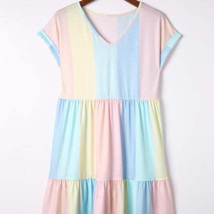 Color Block V-Neck Short Sleeve Mini Dress