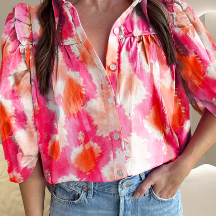 Frill Contrast Print Collared Neck Half Sleeve Shirt