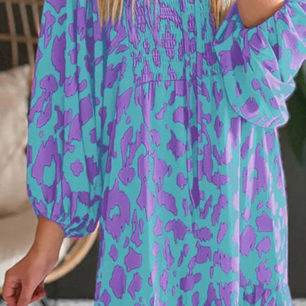 Smocked Printed Tie Neck Long Sleeve Dress