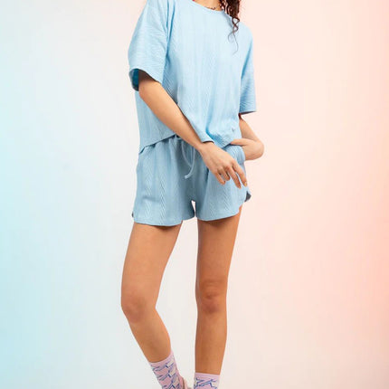 Textured Round Neck Top and Shorts Set