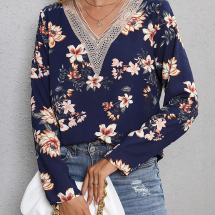 Printed V-Neck Long Sleeve Blouse