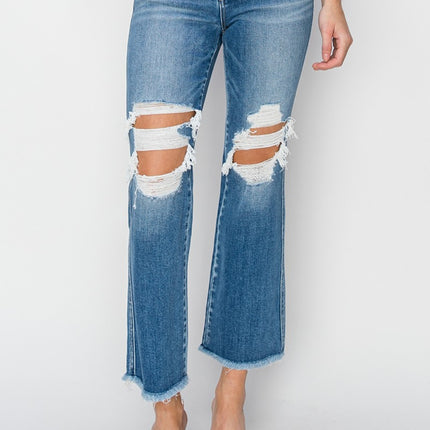 RISEN Mid Rise Distressed Cropped Flare Jeans