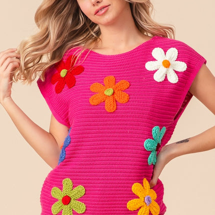 BiBi Flower Round Neck Cap Sleeve Knit Top