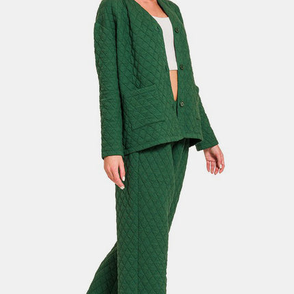 Zenana Quilted Button Up Long Sleeve Top and Pants Lounge Set