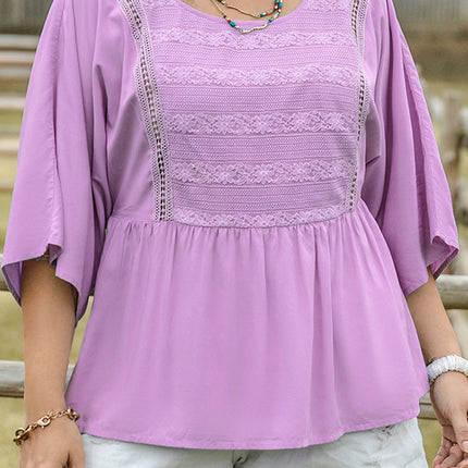 Plus Size Lace Detail Round Neck Three-Quarter Sleeve Blouse