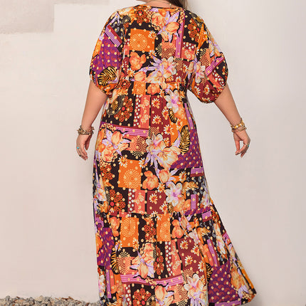 Plus Size Printed V-Neck Half Sleeve Maxi Dress