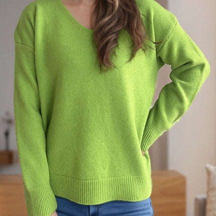 V-Neck Dropped Shoulder Long Sleeve Sweater