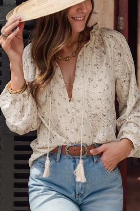 Printed Tie Neck Long Sleeve Shirt