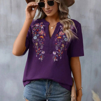 Embroidered Notched Short Sleeve T-Shirt