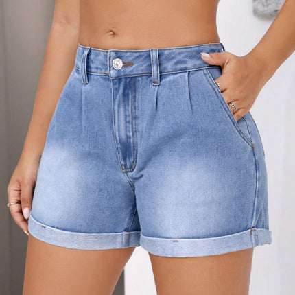 Rolled Hem Mid-Rise Waist Denim Shorts