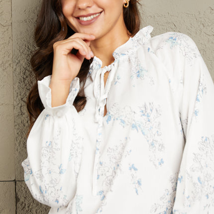 Double Take Floral Tie Neck Flounce Sleeve Blouse