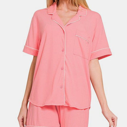 Zenana Button Down Short Sleeve Top and Shorts Lounge Set