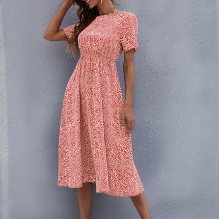 Printed Round Neck Short Sleeve Midi Dress