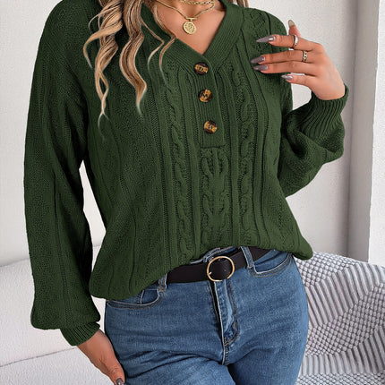 Cable-Knit V-Neck Long Sleeve Sweater