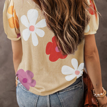 Flower Round Neck Short Sleeve Blouse