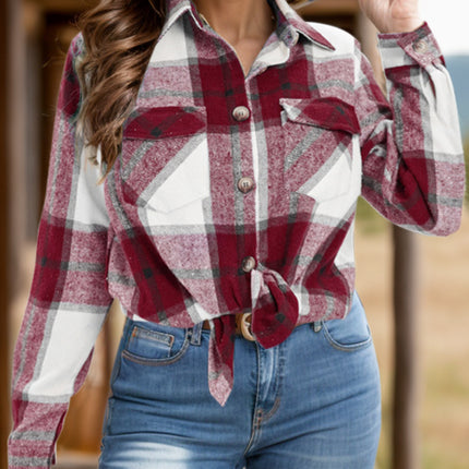 Full Size Pocketed Plaid Collared Neck Shacket