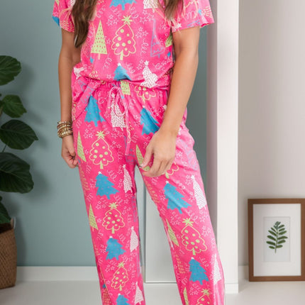 Printed V-Neck Short Sleeve Top and Pants Lounge Set