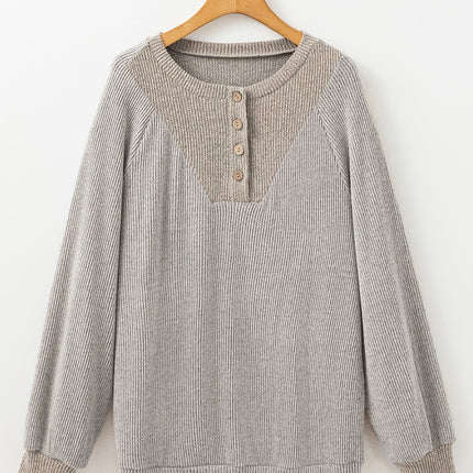 Contrast Quarter Button Round Neck Long Sleeve Top