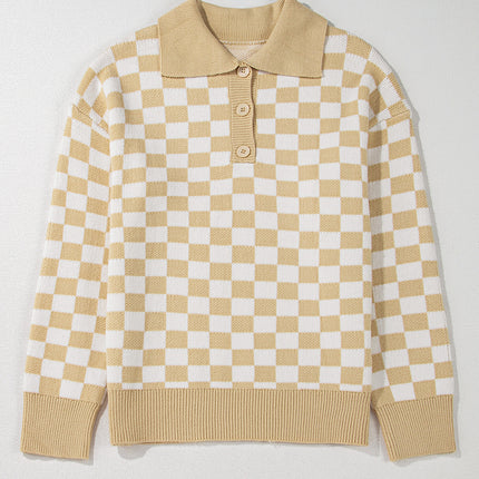 Checkered Collared Neck Long Sleeve Sweater