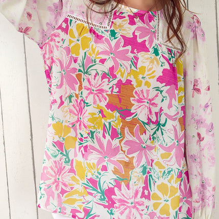 Floral Round Neck Flounce Sleeve Blouse