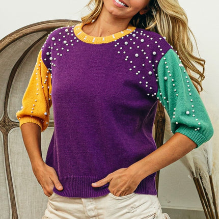 BiBi Color Block Pearl Detail Round Neck Sweater