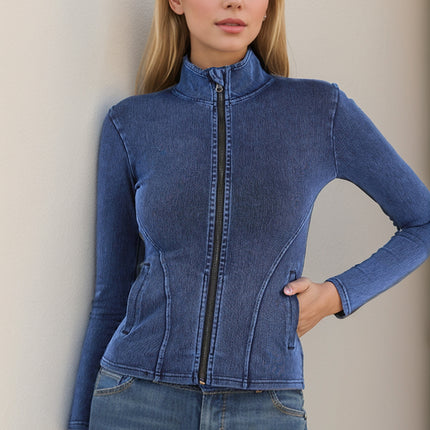 Basic Bae Pocketed Turtleneck Zip Up Denim Top