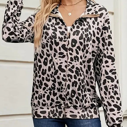 Full Size Leopard Collared Neck Zip Up Jacket