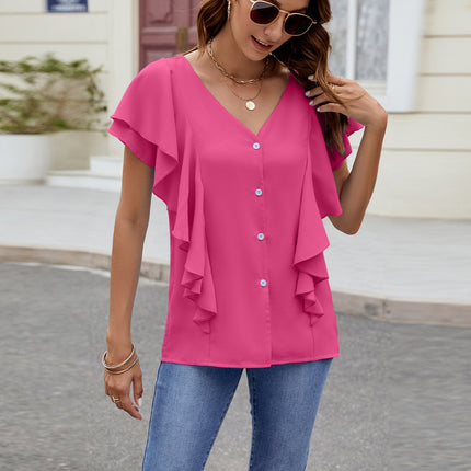 Ruffled V-Neck Short Sleeve Top