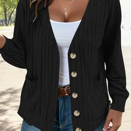 Full Size Button Up V-Neck Long Sleeve Cardigan