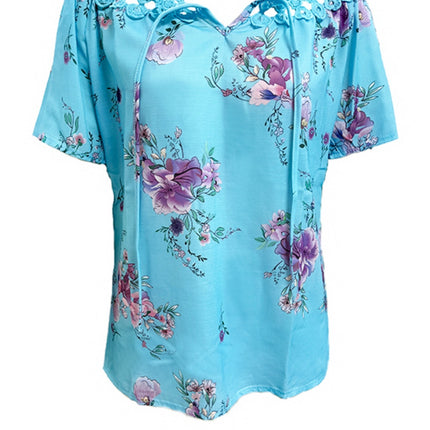 Full Size Printed Tie Neck Short Sleeve Blouse