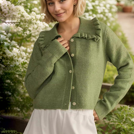 Frill Button Up Collared Neck Long Sleeve Cardigan