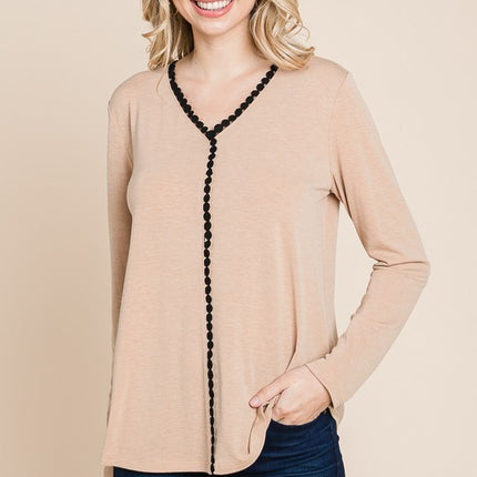 Super Lady Full Size Lace Contrast Long Sleeve Blouse