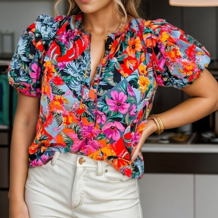 Ruffled Printed Tie Neck Short Sleeve Blouse