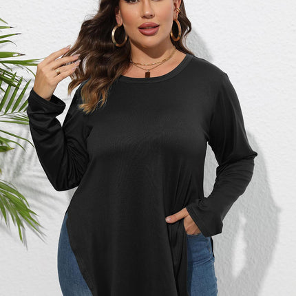 Plus Size Round Neck Long Sleeve Slit T-Shirt