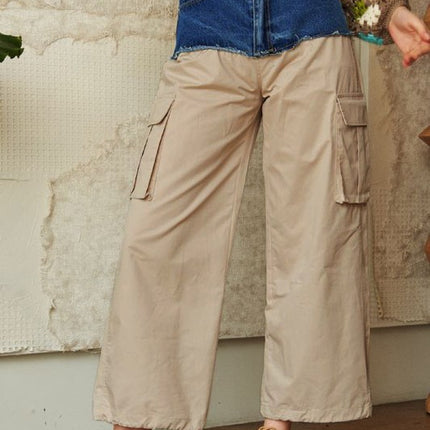 Davi & Dani Denim Patchwork Wide Leg Pants with Cargo Pockets