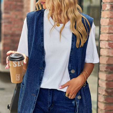 Full Size V-Neck Button Up Denim Vest